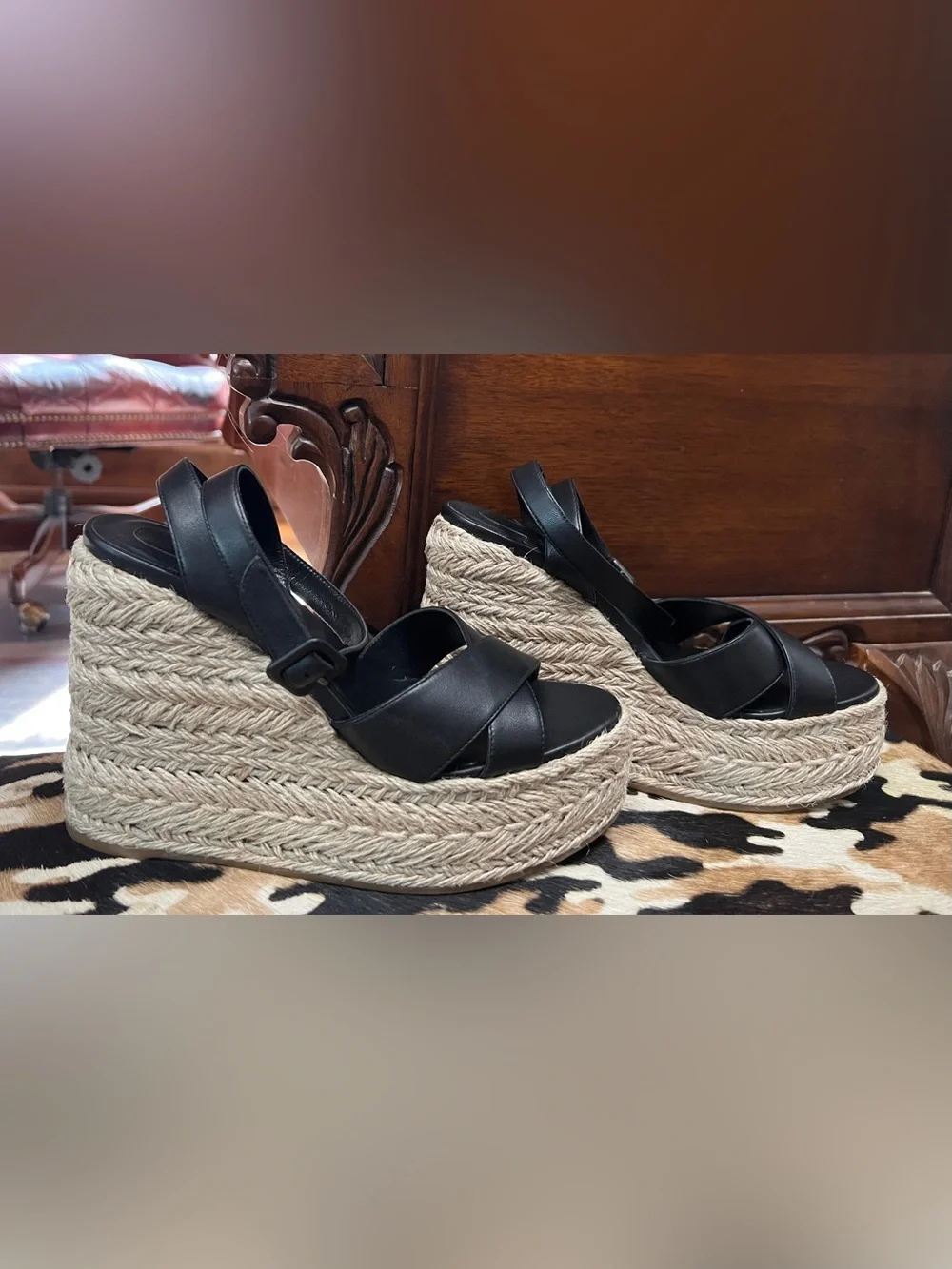 Christian Louboutin Mariza Zeppa Black Leather Espadrille Wedge Sandals 39 NWOT